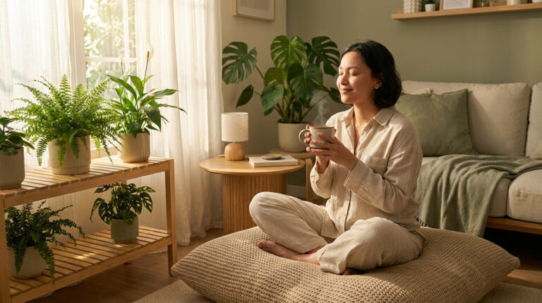 Une femme souriante assise sur un pouf dans un salon lumineux, tenant une tasse fumante entourée de plantes vertes.