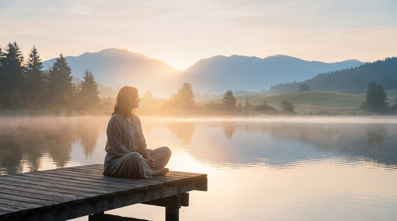 Une femme méditant en position assise sur un ponton en bois face à un lac brumeux au lever du soleil.