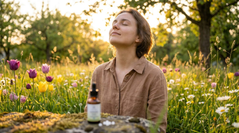 Une femme sereine dans un champ fleuri, avec un flacon homéopathique sur un rocher au premier plan.