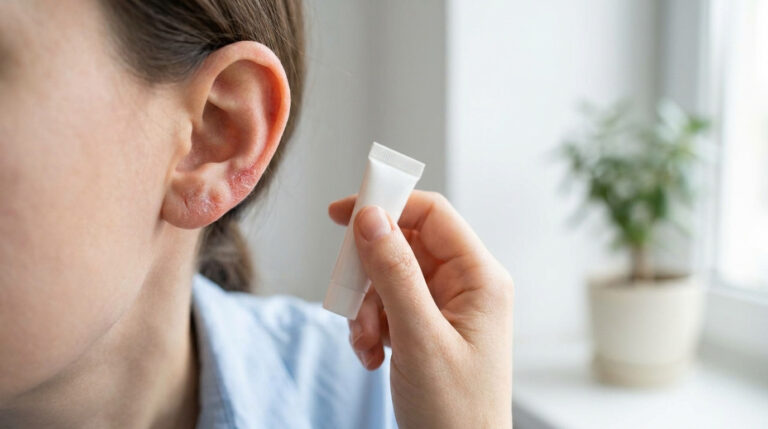 Une personne applique une crème sur son oreille irritée par de l'eczéma.
