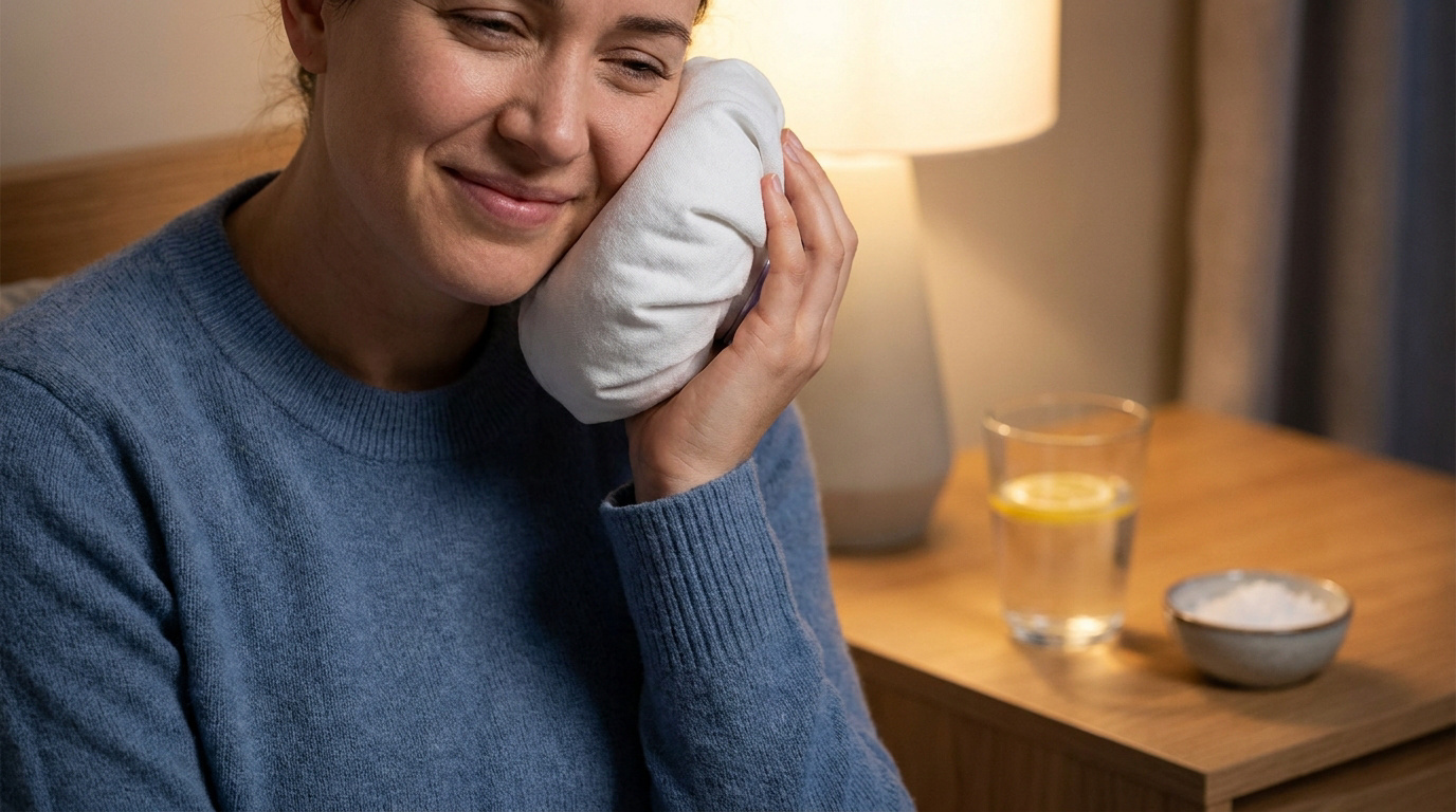 Une femme souriante applique une poche de glace sur sa joue pour soulager une douleur dentaire le soir.