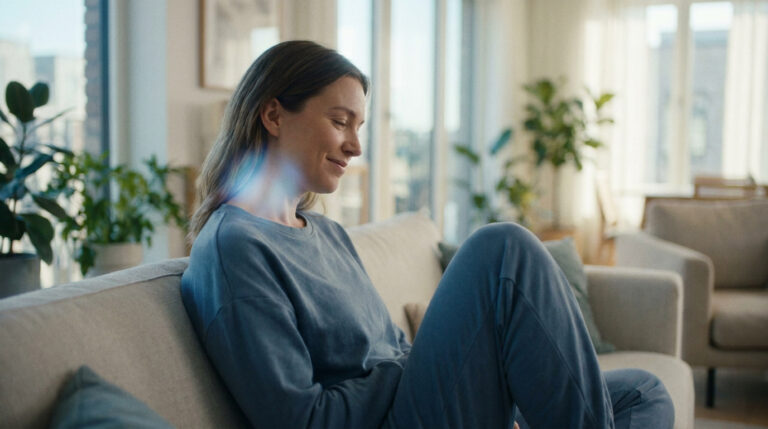 Une femme souriante assise sur un canapé avec une lueur bleue apaisante sur le cou, symbolisant le soulagement.