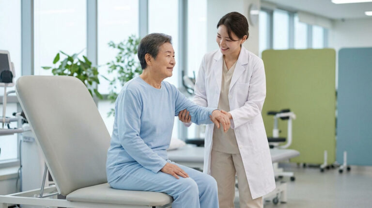 Une médecin aide une patiente âgée à se lever d'une table d'examen dans une clinique de rééducation.