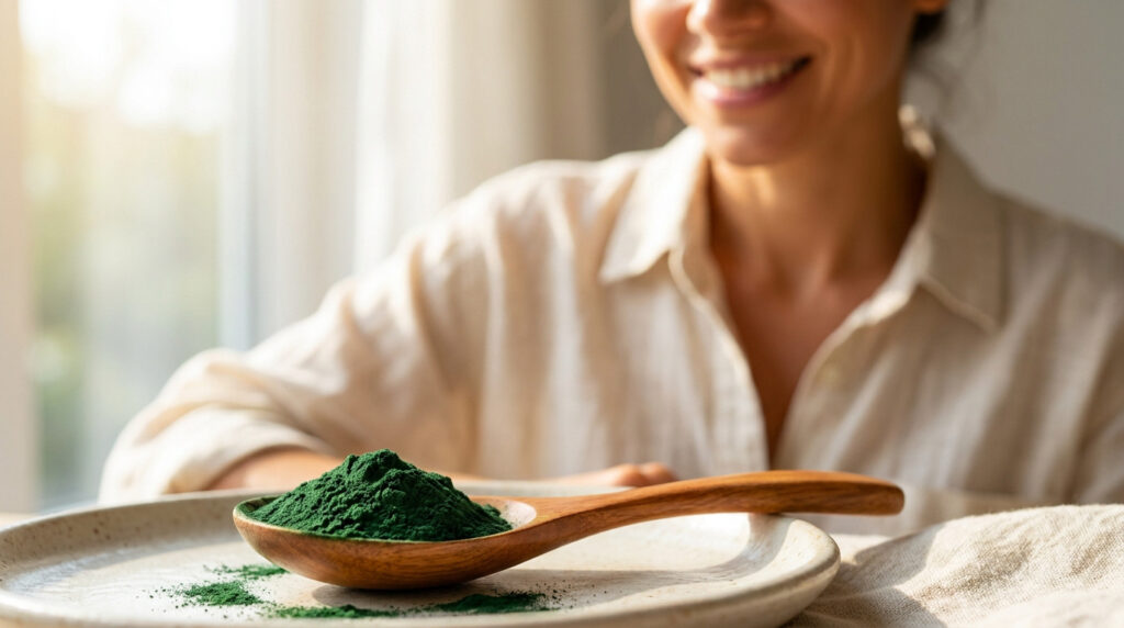 Une cuillère en bois remplie de poudre de spiruline verte sur une assiette, avec une femme souriante en arrière-plan.