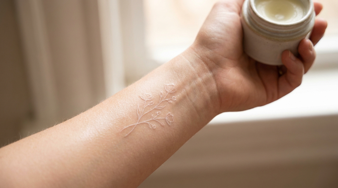 Gros plan sur un poignet avec un tatouage floral à l'encre blanche et un pot de crème hydratante.