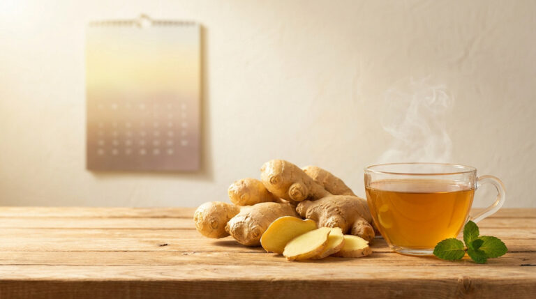 Tasse de thé au gingembre fumant avec des racines fraîches sur une table en bois et un calendrier en arrière-plan.