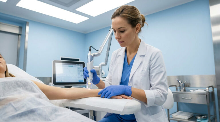 Dermatologue pratiquant une séance d'épilation laser sur le bras d'une patiente en cabinet médical.
