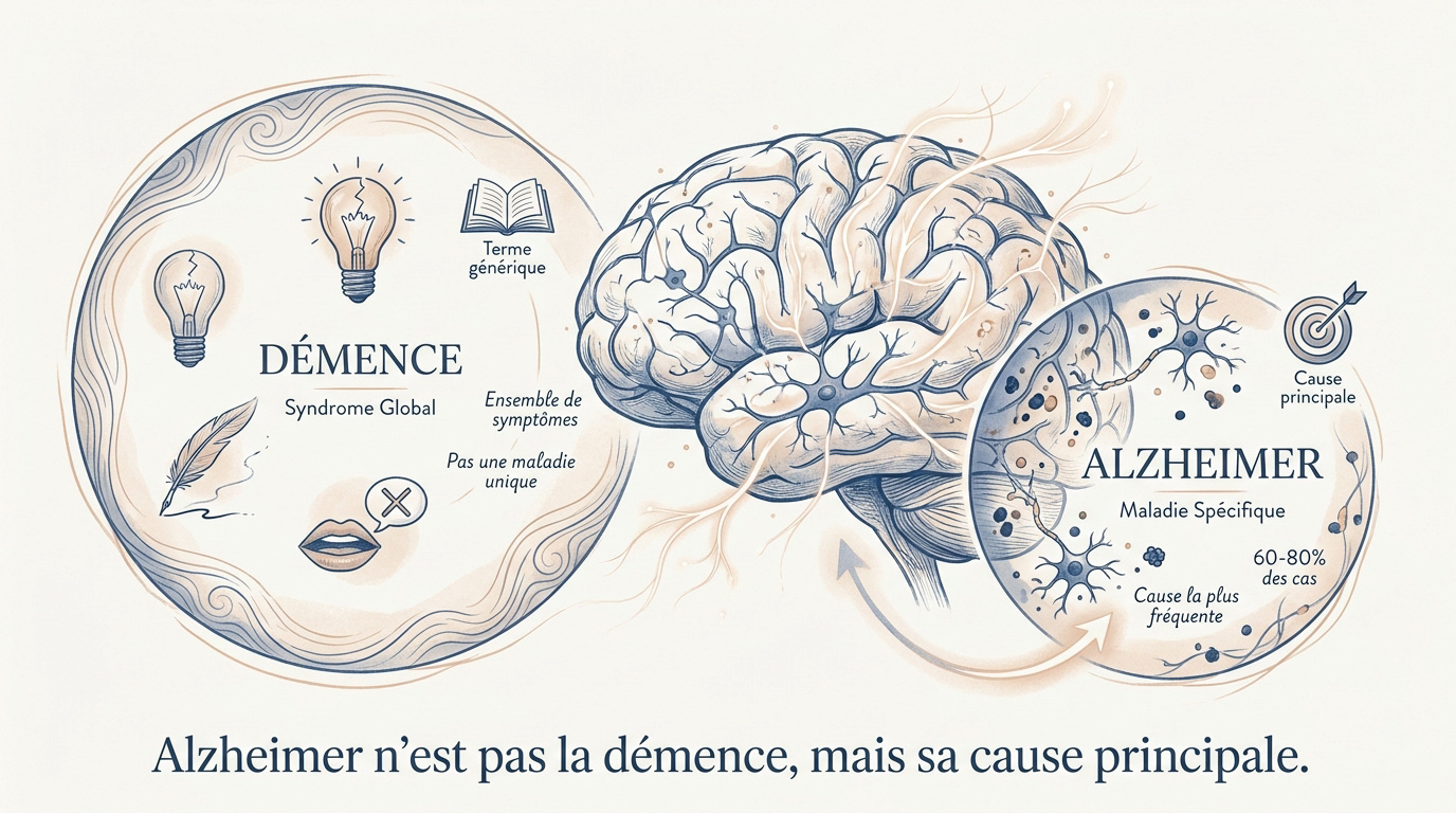 Infographie expliquant la différence entre le syndrome de démence et la maladie d'Alzheimer