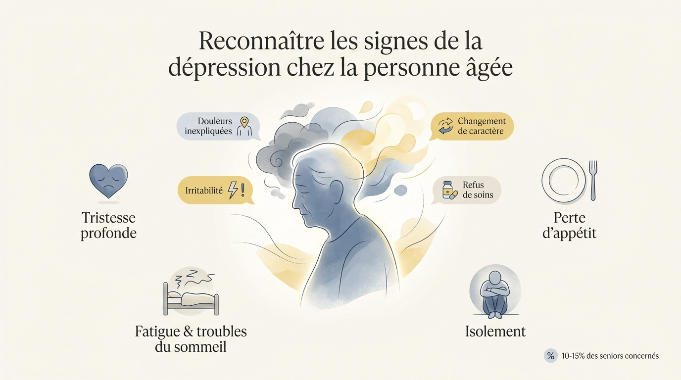 Infographie présentant les signes cliniques de la dépression chez le senior