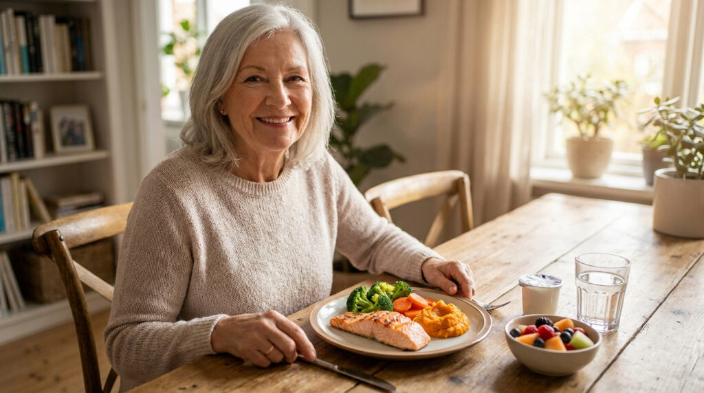 Une femme âgée souriante assise à table avec un repas équilibré composé de saumon, de légumes et de fruits frais.