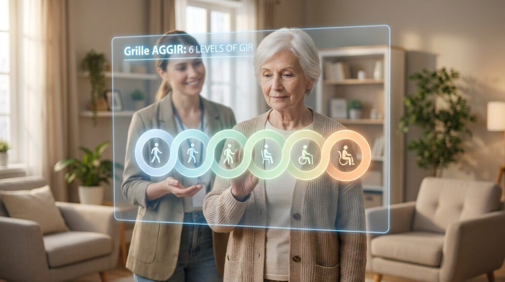 Une femme âgée interagit avec une interface numérique montrant les 6 niveaux GIR, assistée par une professionnelle.