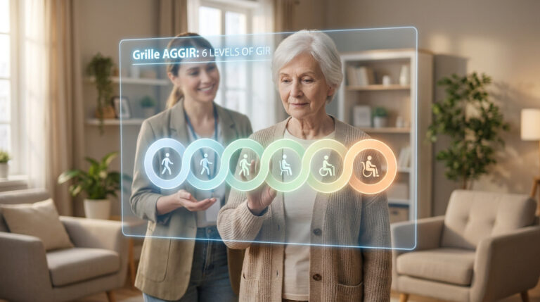 Une femme âgée interagit avec une interface numérique montrant les 6 niveaux GIR, assistée par une professionnelle.