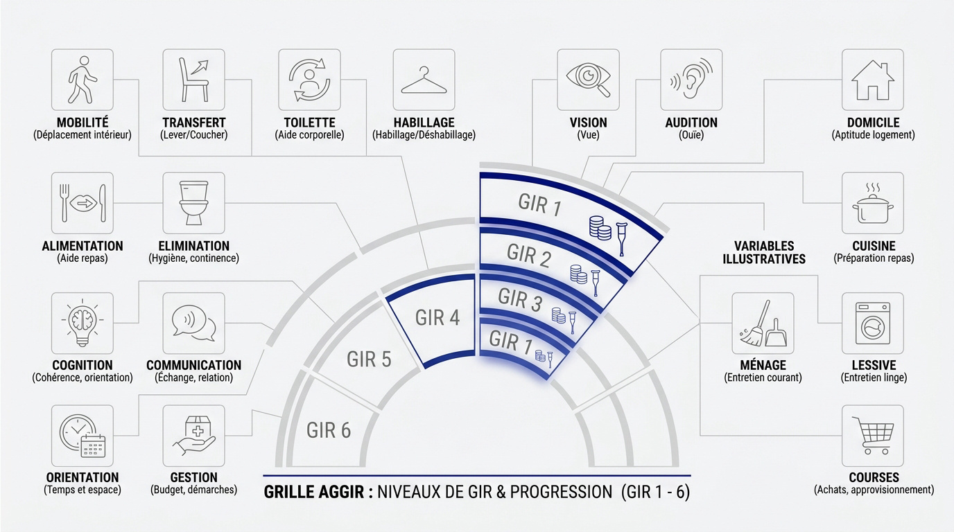 Tableau récapitulatif des niveaux de GIR et des variables de la grille AGGIR