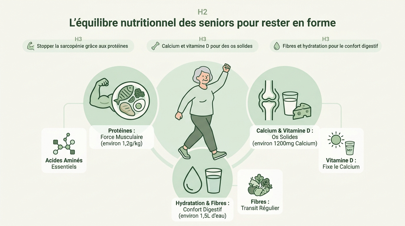 Infographie détaillant les besoins nutritionnels en protéines, calcium et hydratation pour les seniors