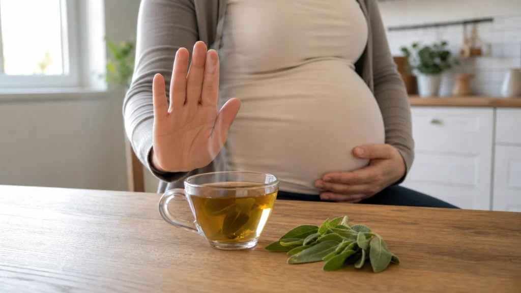 Illustration éditoriale pour l’article « Infusion de sauge et grossesse : pourquoi l'éviter »