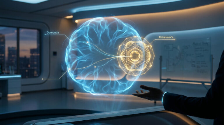 Une main interagissant avec un hologramme 3D représentant la différence entre la démence et la maladie d'Alzheimer.