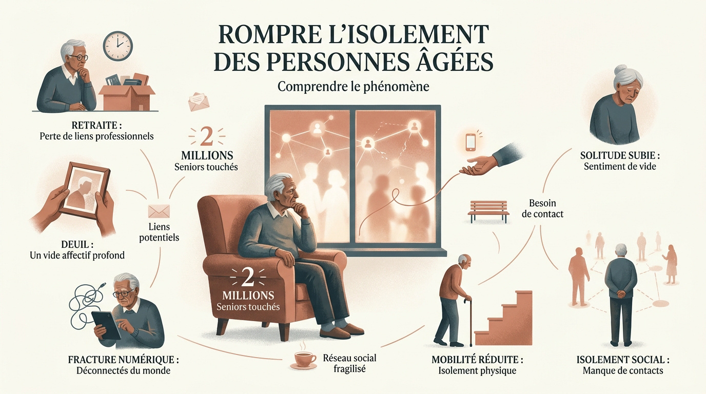 Personne âgée regardant par la fenêtre illustrant l'isolement social