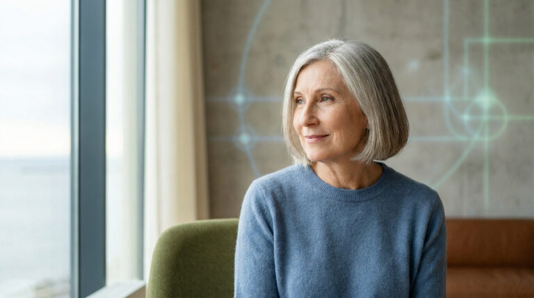 Une femme aux cheveux gris regarde par la fenêtre avec un sourire serein, sur fond de motifs numériques abstraits.