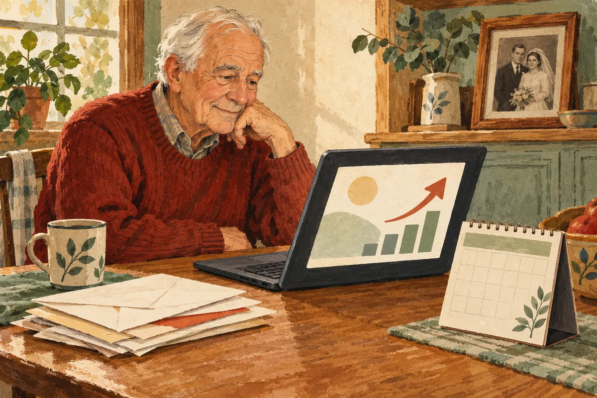 Illustration à la gouache : un homme âgé aux cheveux blancs, assis à la table de sa cuisine, regarde l'écran d'un ordinateur portable avec un pictogramme de flèche montante ; une pile d'enveloppes et un petit calendrier sont posés près de lui, une photo de mariage est encadrée sur l'étagère.