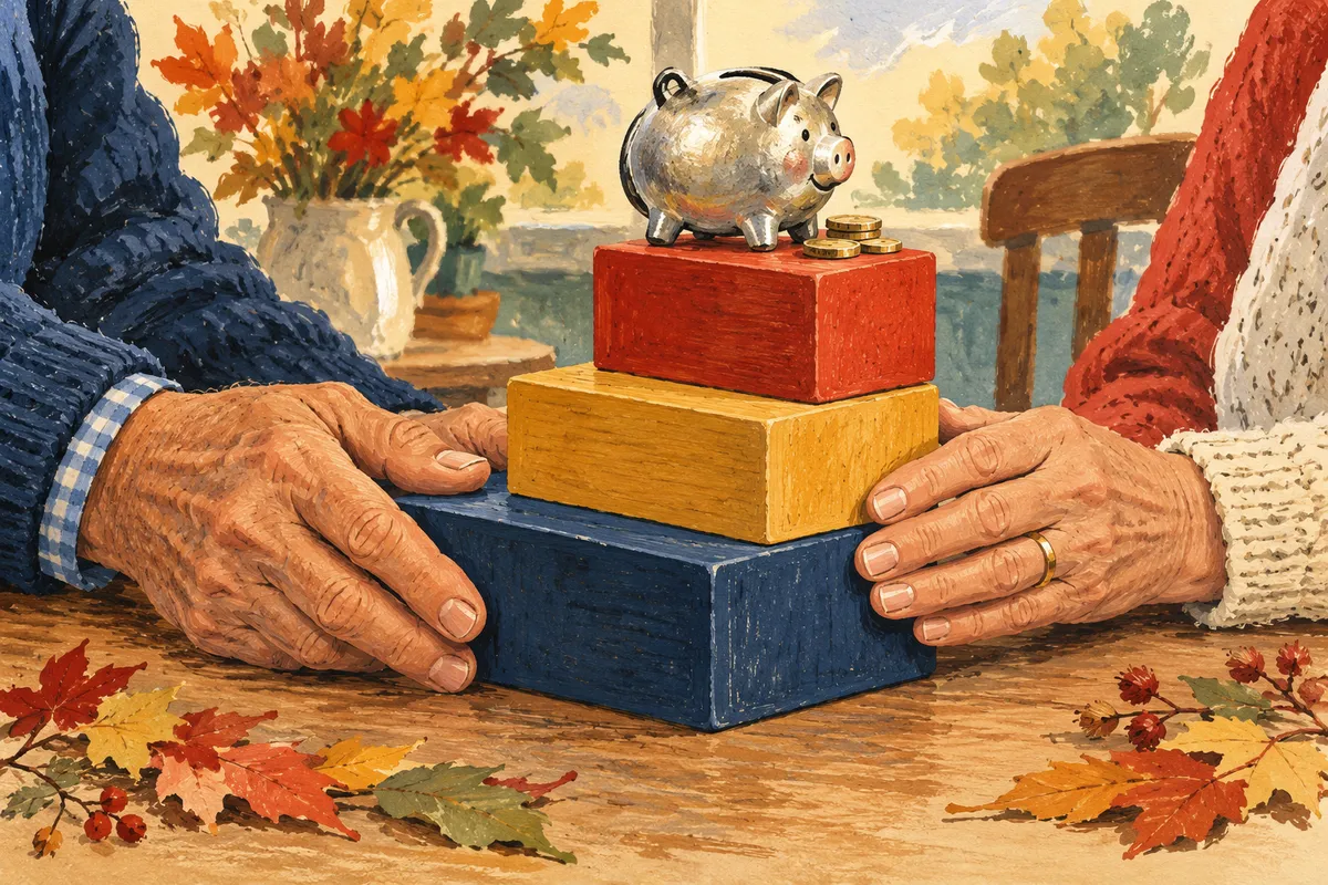 Illustration à la gouache : deux mains âgées, l'une sortant d'un pull bleu marine, l'autre d'un gilet rouge, maintiennent une pile de trois cubes en bois bleu, jaune et rouge, surmontée d'une tirelire argentée et de quelques pièces, sur une table avec des feuilles d'automne.