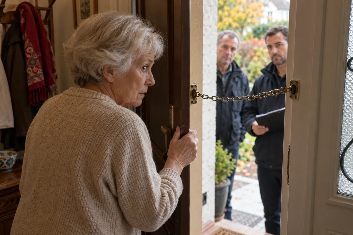 Une femme d'environ 75 ans aux cheveux blancs entrouvre sa porte d'entrée retenue par une chaîne de sécurité et observe avec méfiance deux hommes en veste sombre, dont l'un tient un porte-documents.