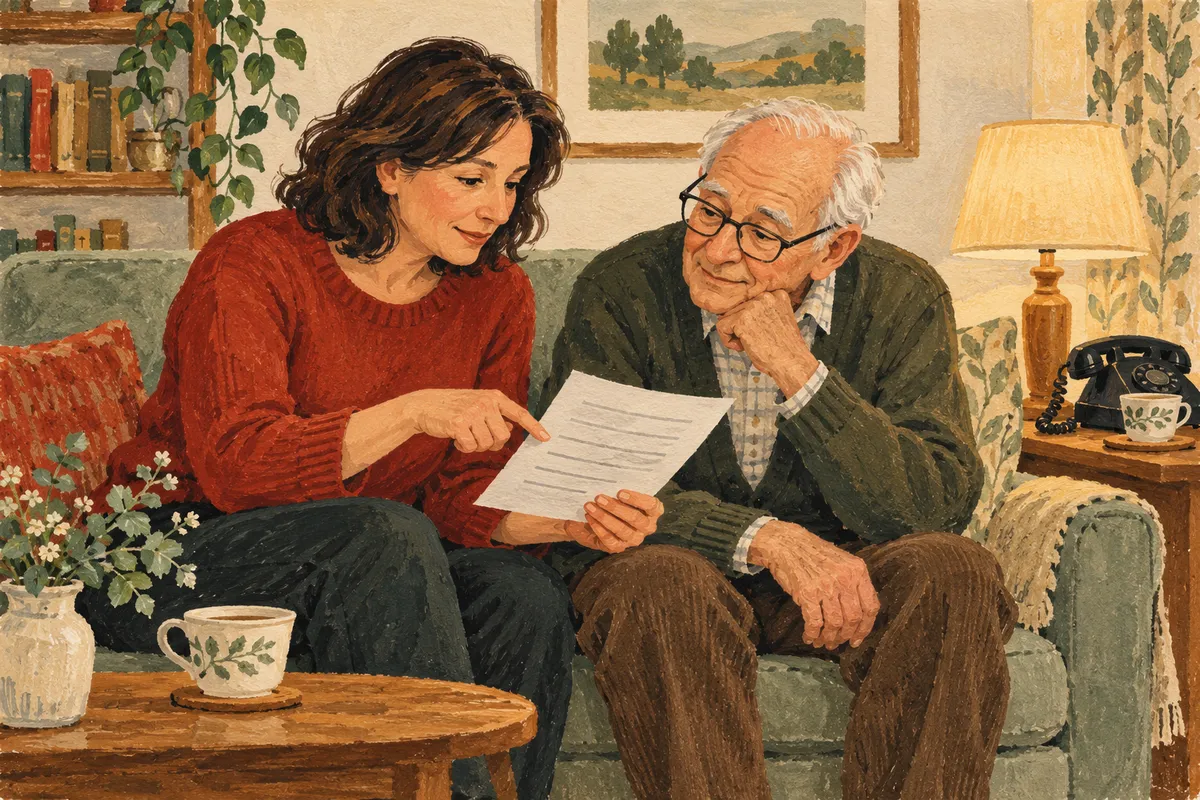 Illustration à la gouache : une femme d'environ 45 ans, assise sur un canapé à côté de son père âgé, lui explique calmement une feuille de papier ; un téléphone à cadran est posé sur la table d'appoint.