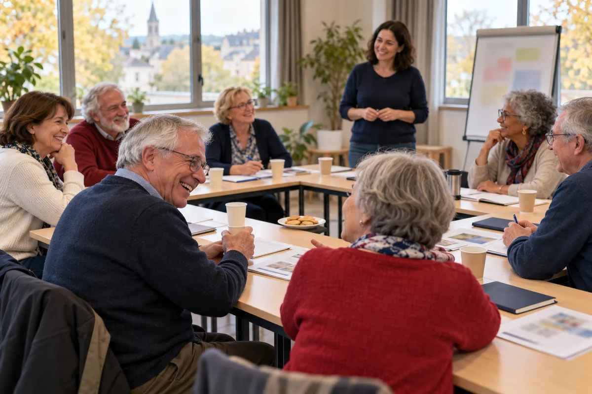 Dans une salle lumineuse, sept personnes d'une soixantaine d'années assises autour de tables disposées en U discutent et rient, avec des gobelets de café, des carnets et une assiette de biscuits ; une animatrice en pull bleu marine se tient debout près d'un tableau de conférence.