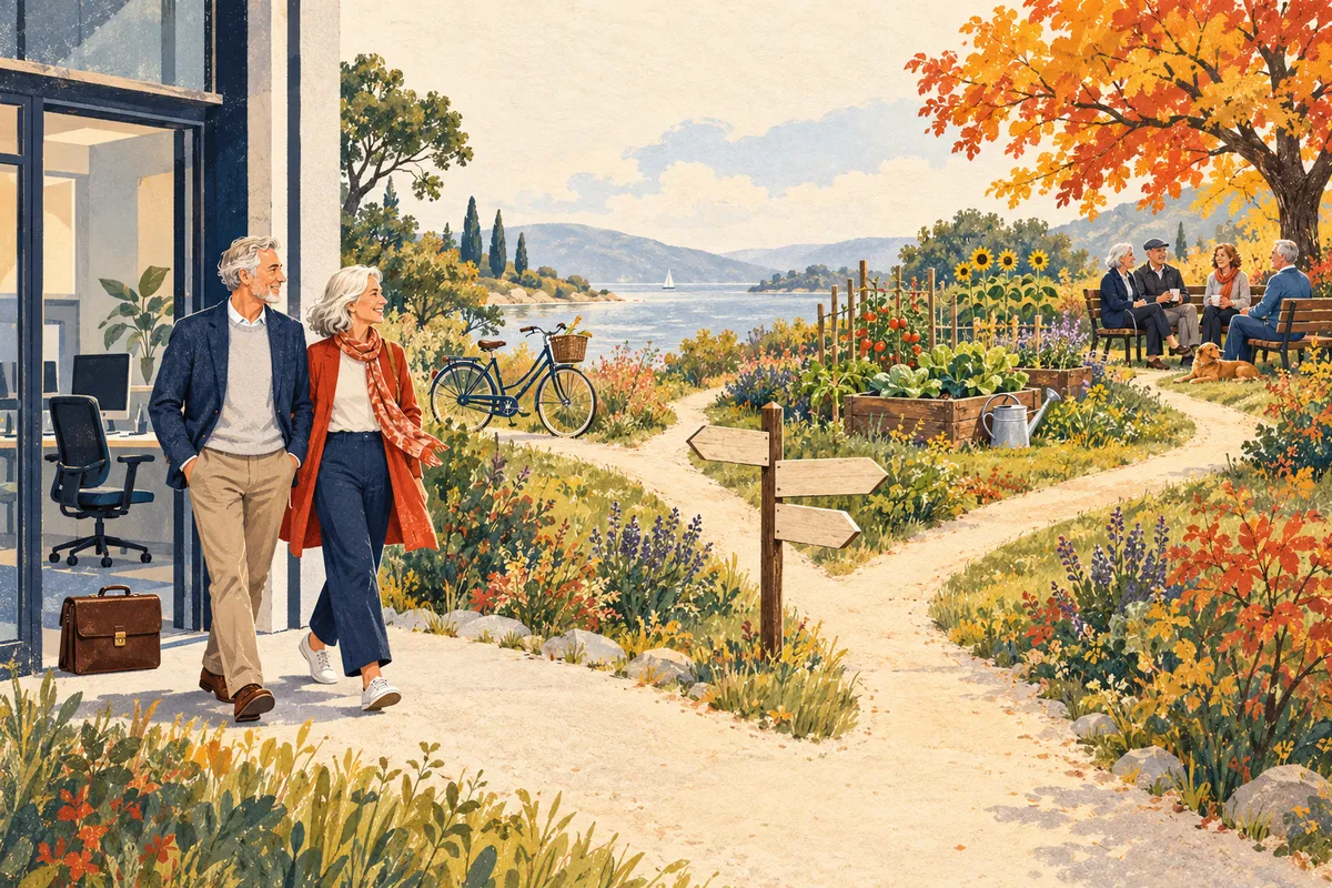 Illustration à la gouache : un couple aux cheveux gris sort d'un bâtiment de bureaux, laissant une mallette derrière lui, et s'avance sur un chemin de jardin qui se divise vers un vélo, un potager et un groupe de personnes assises sous un arbre d'automne.