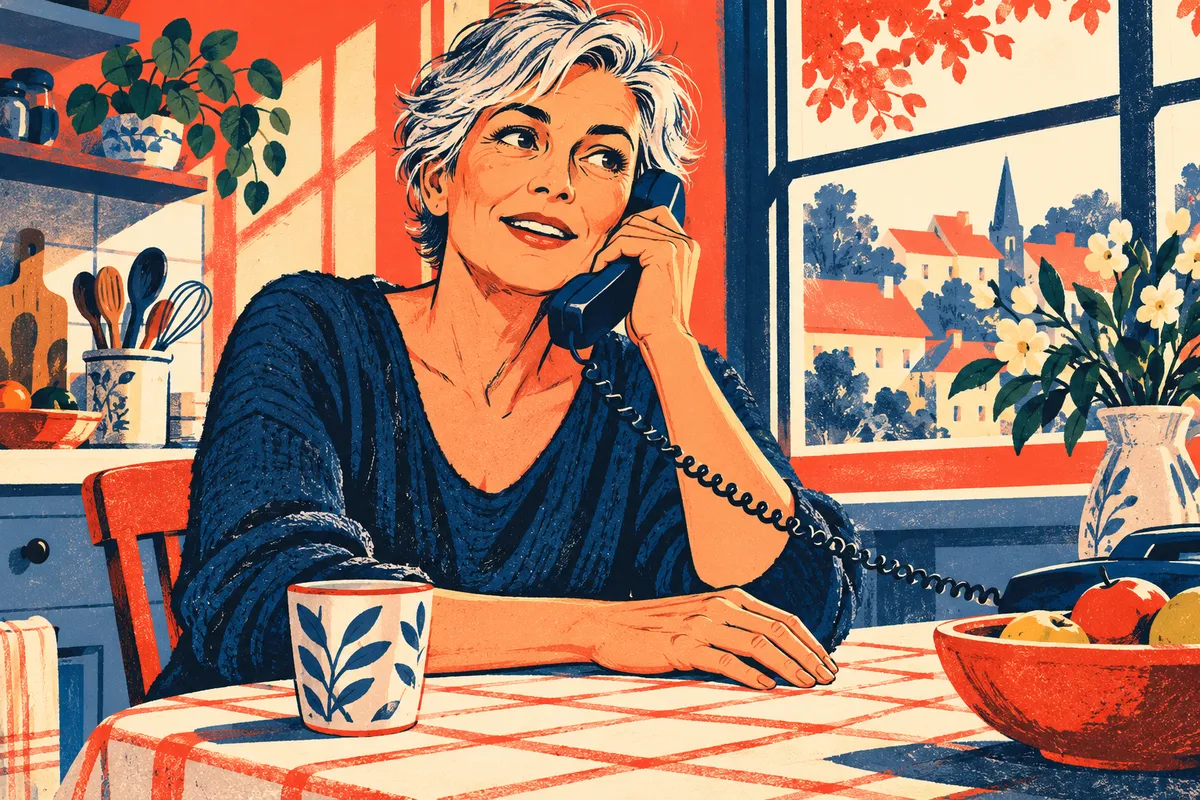 Dessin d’une femme aux cheveux gris tenant un téléphone à son oreille, assise à une table.