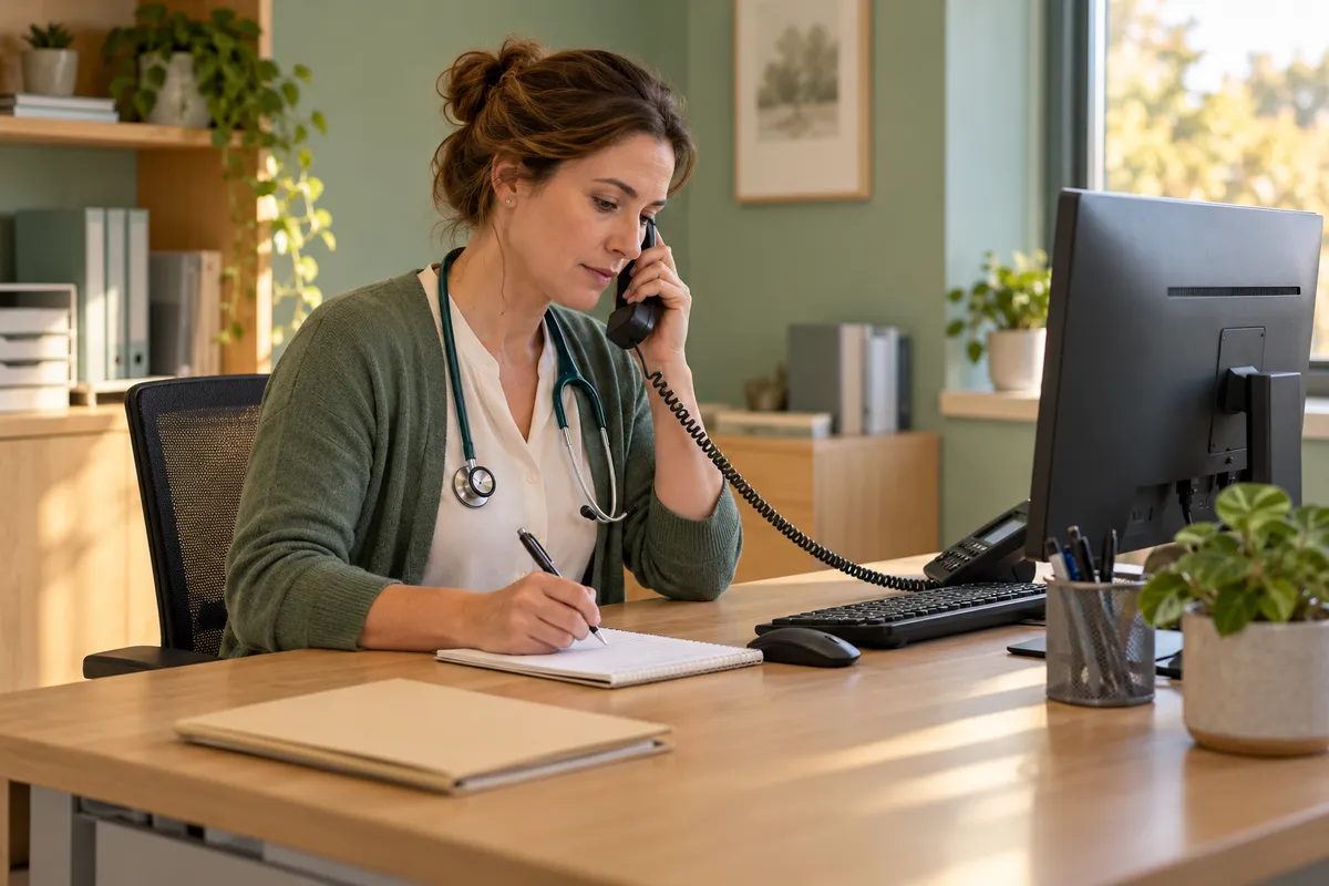 Médecin au bureau écoutant un appel téléphonique tout en prenant des notes.