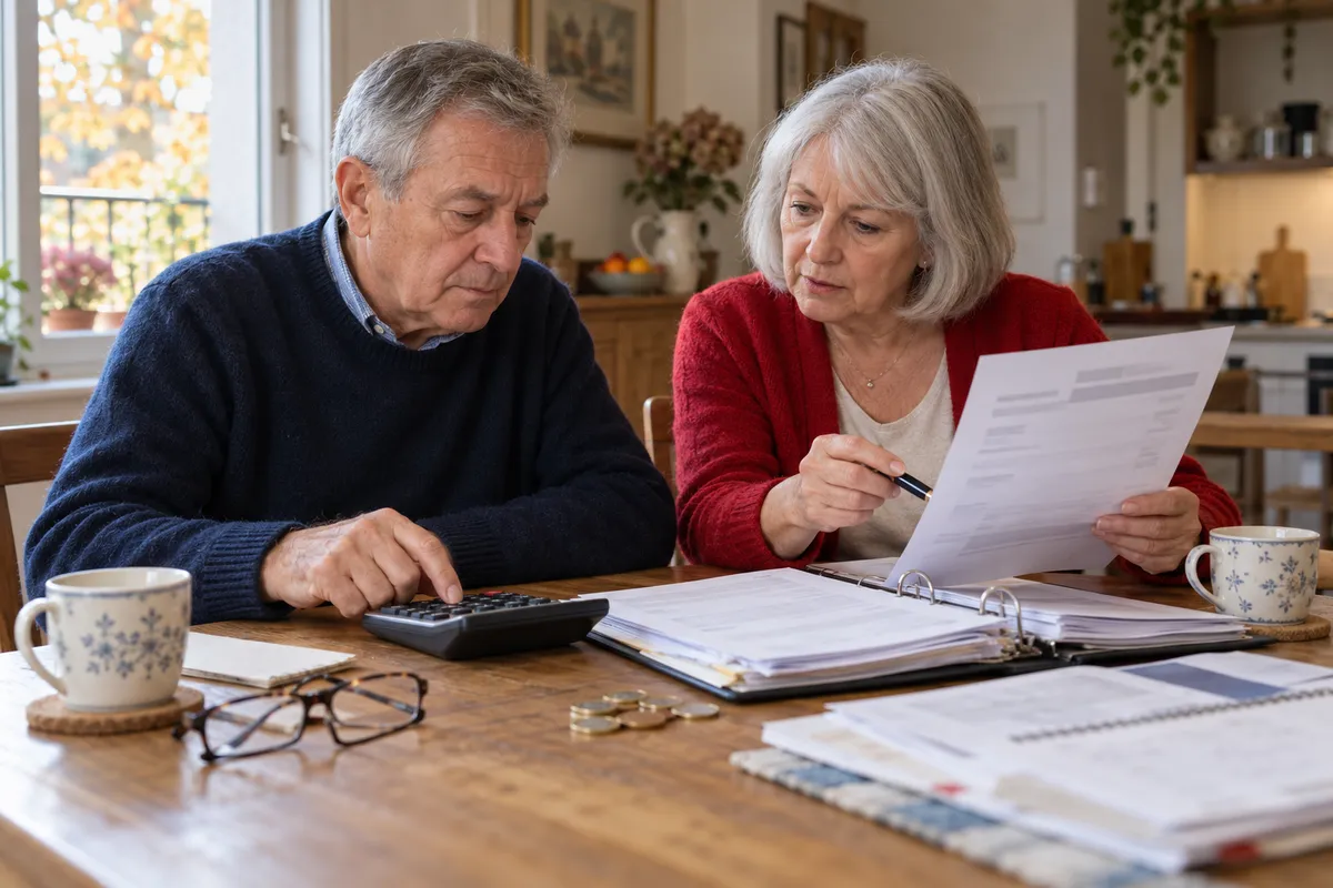 Un couple de retraités assis à une table de cuisine en bois : l'homme aux cheveux gris, pull bleu marine, tape sur une calculatrice ; la femme au carré argenté, gilet rouge, tient un relevé de pension et un stylo ; un classeur ouvert, quelques pièces, deux tasses et une paire de lunettes sont posés devant eux.