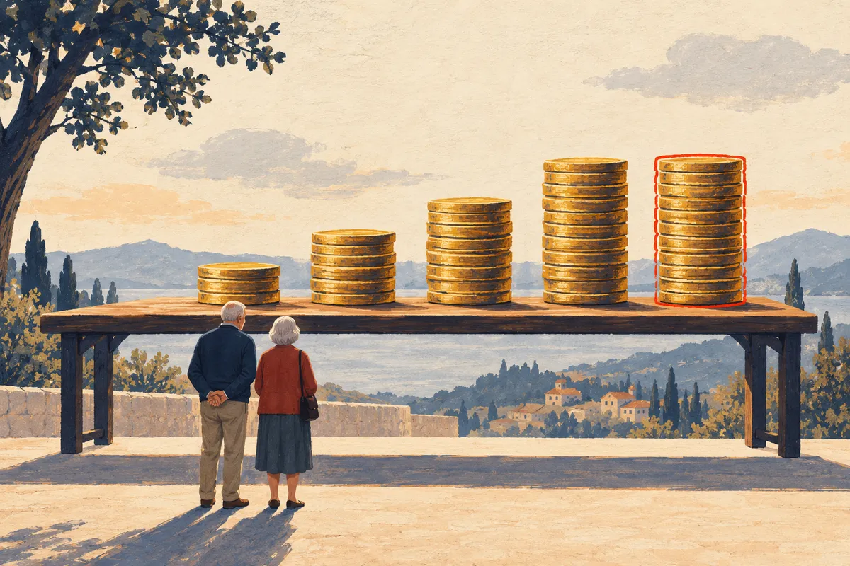 Illustration à la gouache : un couple de retraités vu de dos regarde cinq piles de pièces d'or qui montent comme un escalier sur une longue table ; la cinquième pile, entourée de rouge, a la même hauteur que la quatrième.
