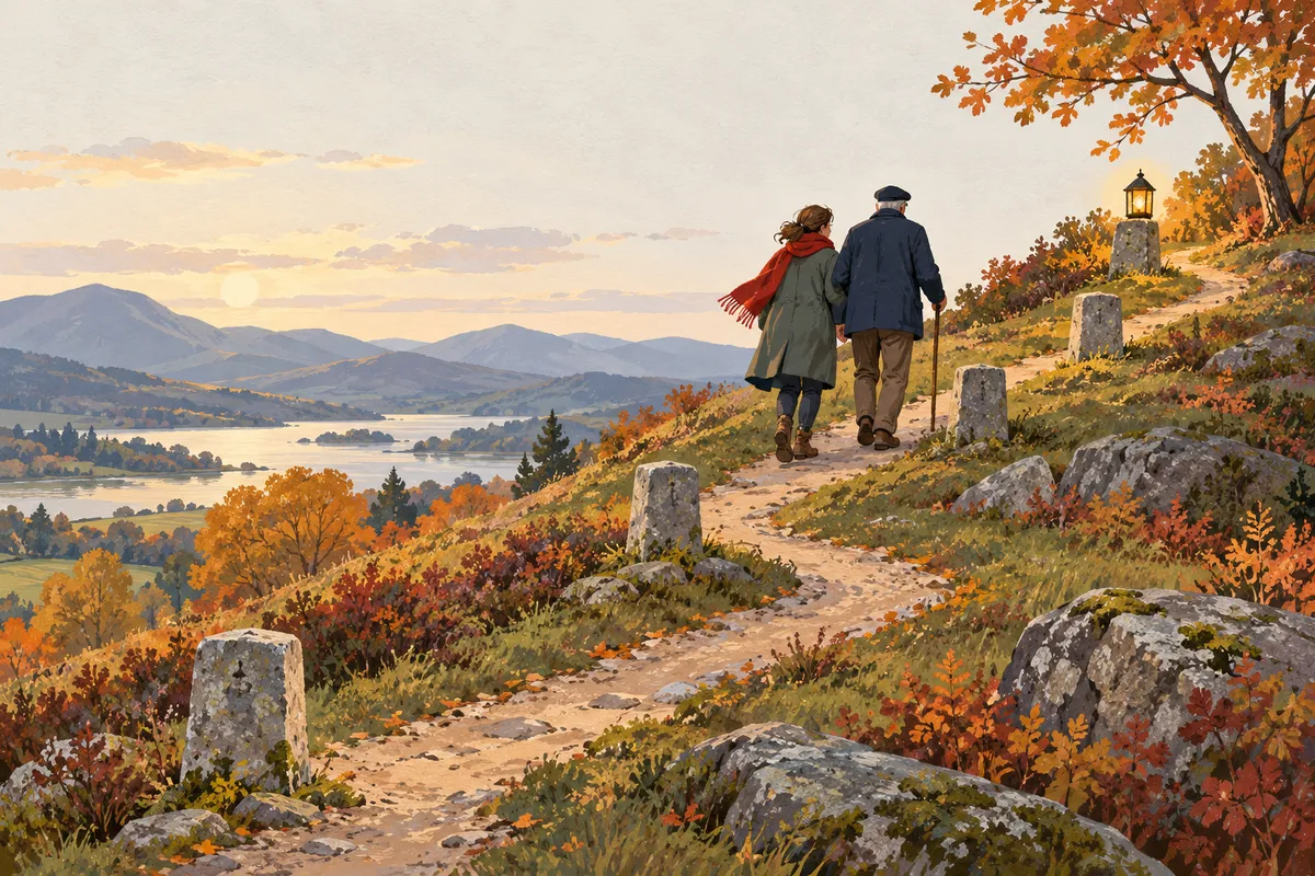 Illustration à la gouache : un couple âgé, l'homme en casquette avec une canne et la femme en écharpe rouge, monte un chemin de colline en automne bordé de cinq bornes de pierre, vers une lanterne allumée posée sur une borne plus haute, avec un lac et des montagnes au loin.