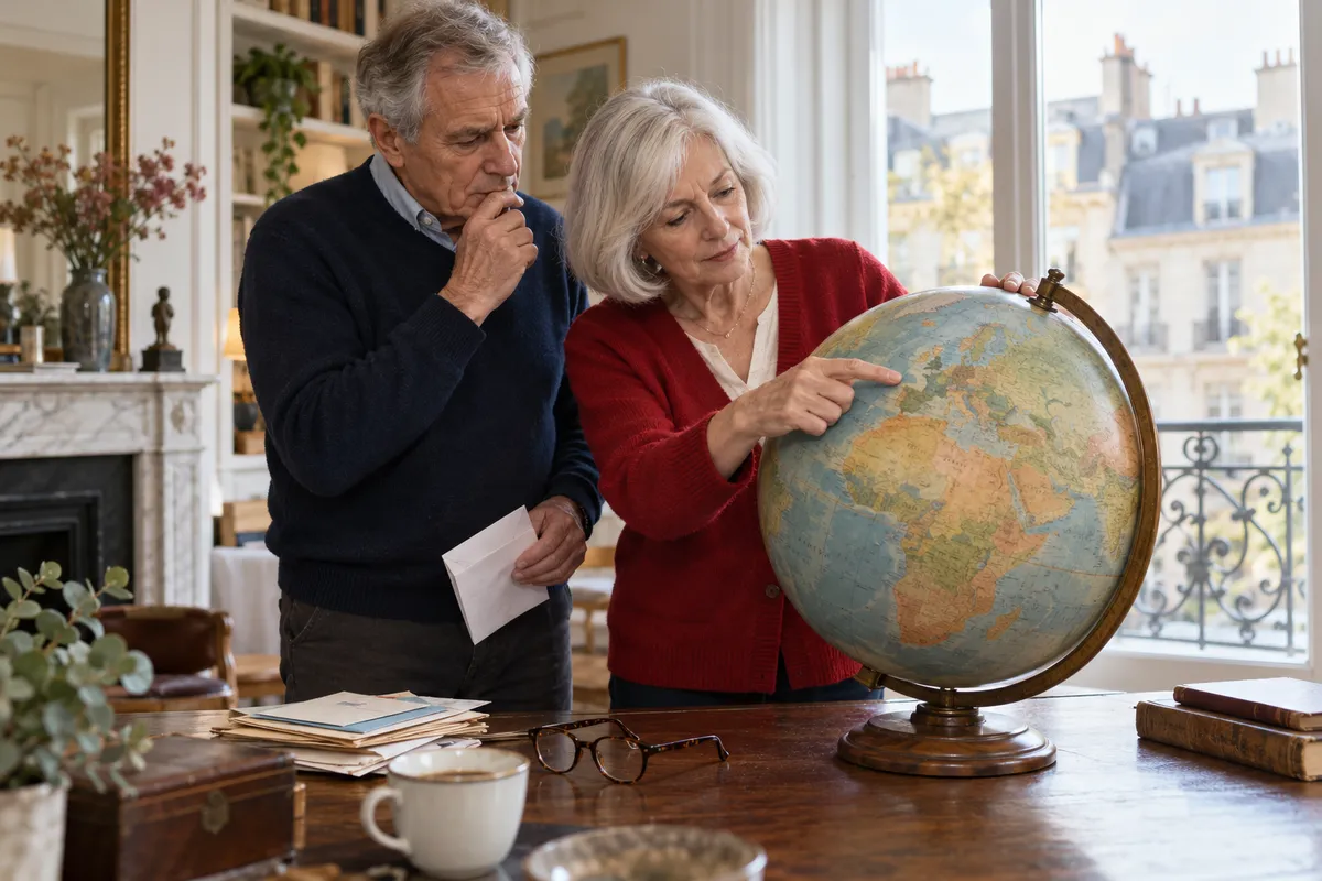 Dans un salon aux grandes fenêtres, une femme aux cheveux argentés en gilet rouge pointe l'Europe de l'Ouest sur un grand globe terrestre en bois, à côté d'un homme aux cheveux gris en pull bleu marine qui tient une enveloppe ; sur la table, des lunettes, une tasse et une pile de courrier.