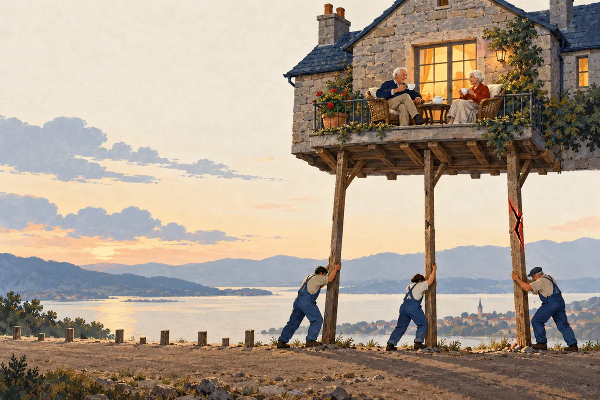 Illustration à la gouache : un couple de retraités prend le thé sur le balcon d'une maison de pierre confortable, perchée très haut sur trois fins pilotis de bois, dont un fendu et cerclé de rouge ; en bas, trois ouvriers en salopette retiennent les pilotis.