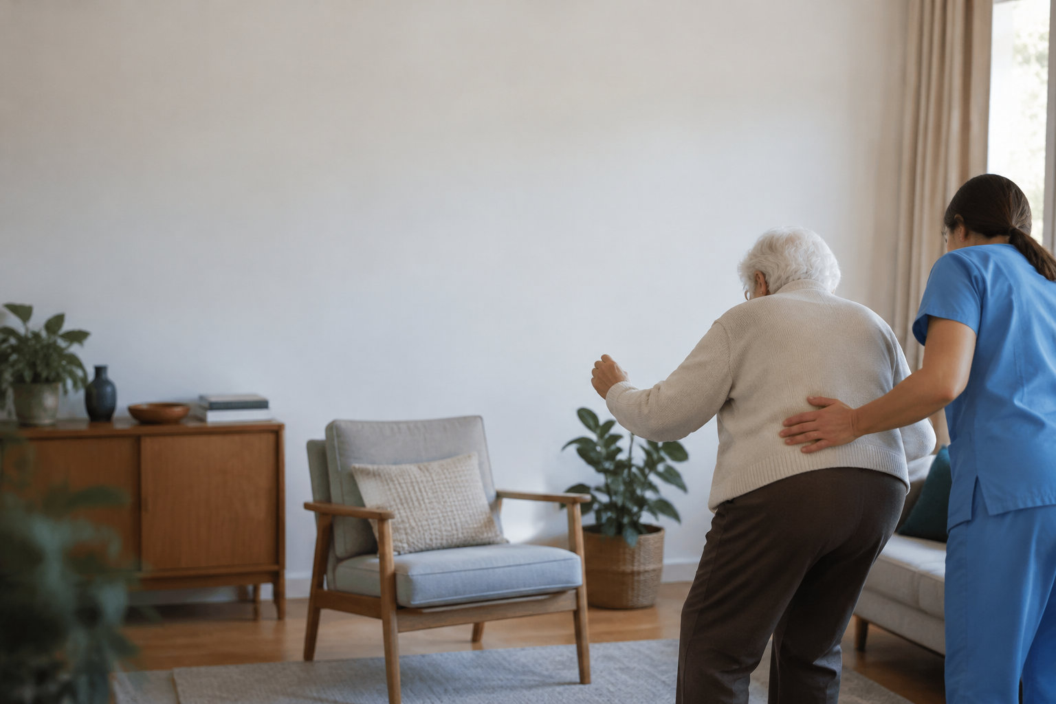 Une soignante aide une personne âgée en difficulté pour marcher, la soutenant par le dos.