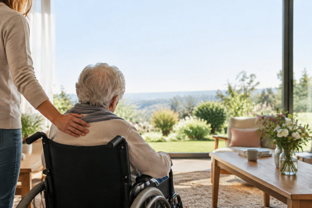 Une personne âgée en fauteuil roulant regardant par la fenêtre, accompagnée d'une aide-soignante posant sa main sur son épaule.