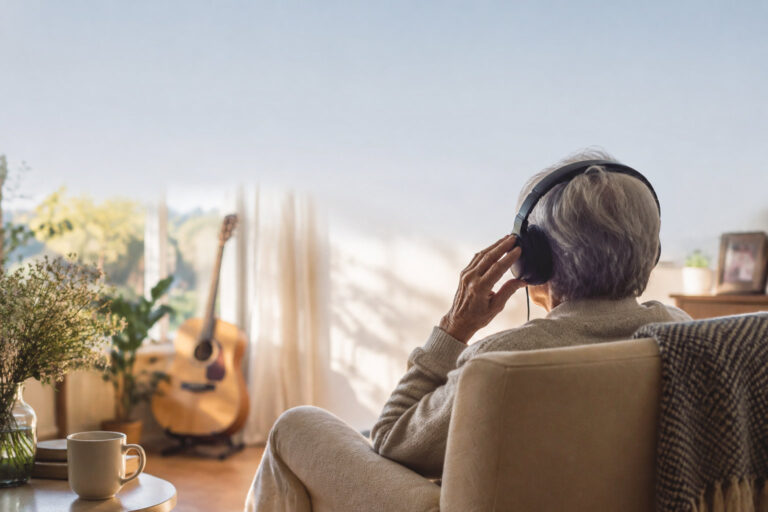 Une personne âgée assise dans un fauteuil, écoutant de la musique avec un casque près d'une guitare.
