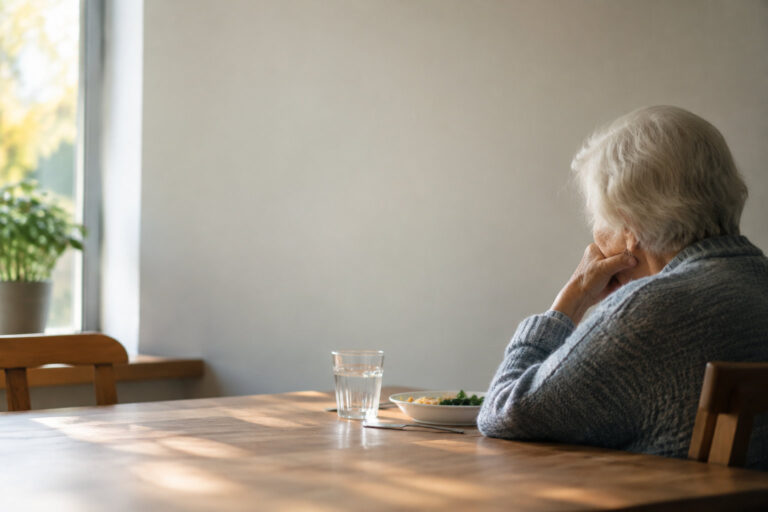 Une personne âgée assise seule devant une assiette presque vide, regardant par la fenêtre avec un air pensif.