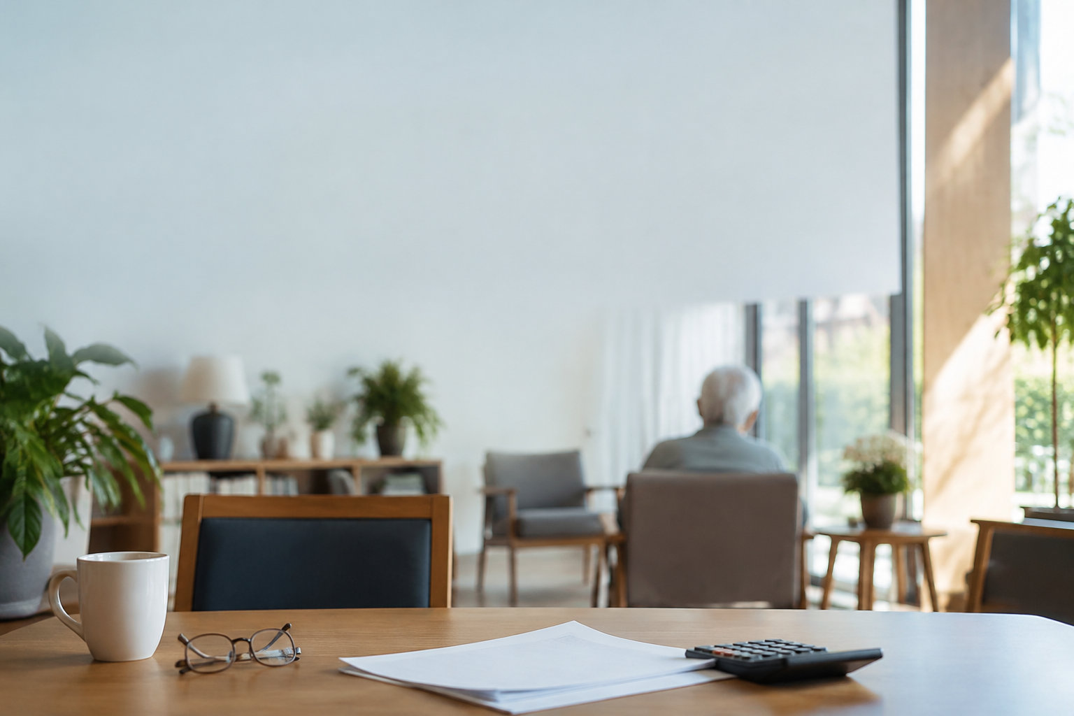 Tasse, lunettes et calculatrice sur une table, avec une personne âgée floue au second plan.