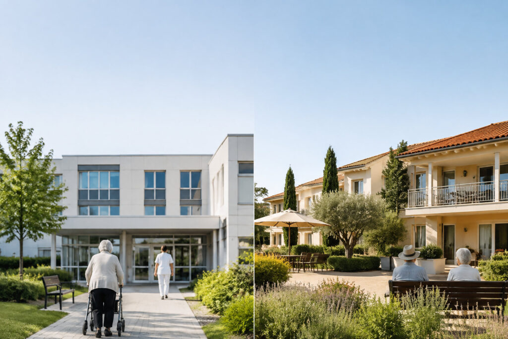 Comparaison visuelle entre un bâtiment moderne de type institutionnel et une résidence arborée pour personnes âgées.