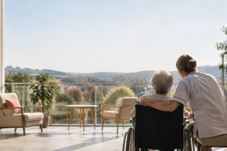 Une aide-soignante rassure une personne âgée en fauteuil roulant face à un paysage ensoleillé.
