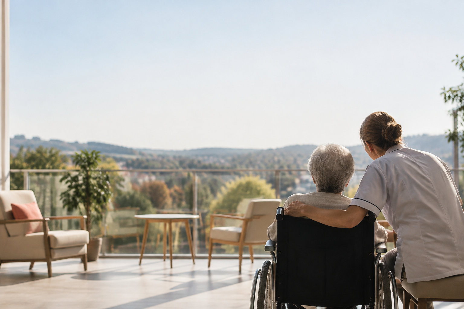 Une aide-soignante rassure une personne âgée en fauteuil roulant face à un paysage ensoleillé.