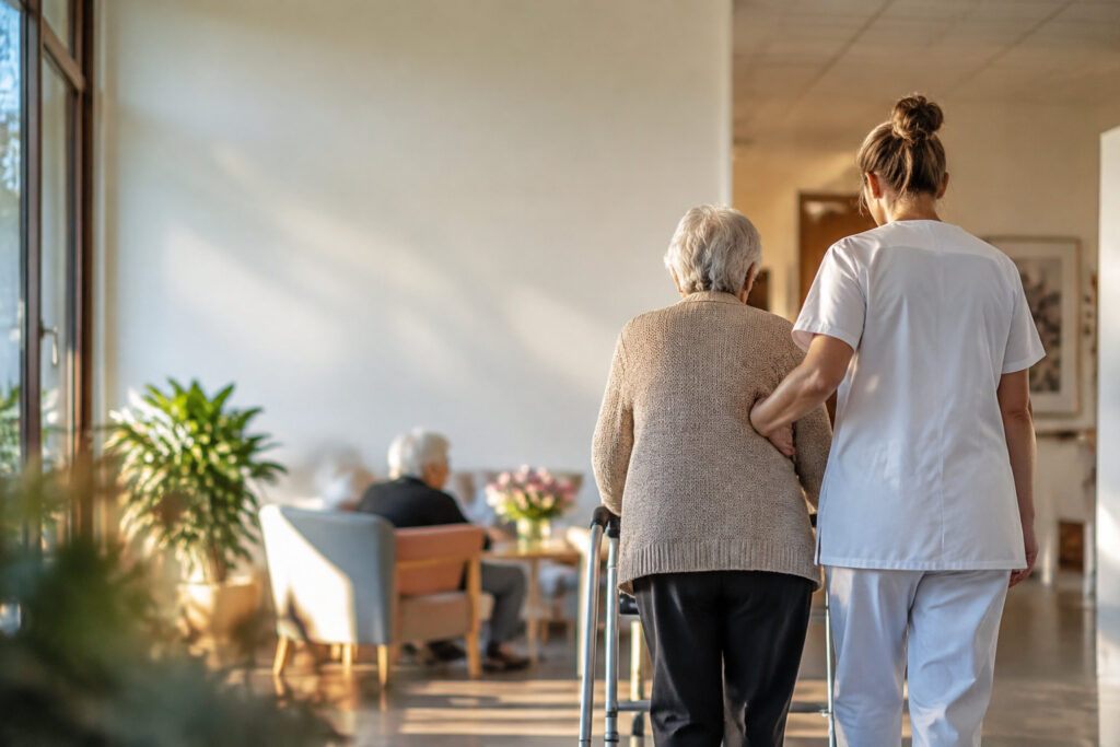 Une infirmière en tenue blanche accompagne une personne âgée utilisant un déambulateur dans le couloir d'un EHPAD.