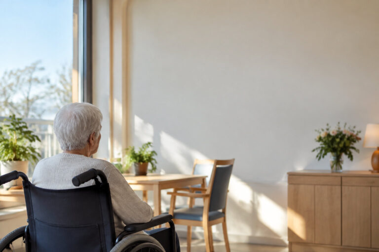 Une personne âgée en fauteuil roulant regarde par la fenêtre dans une chambre d'EHPAD lumineuse et chaleureuse.
