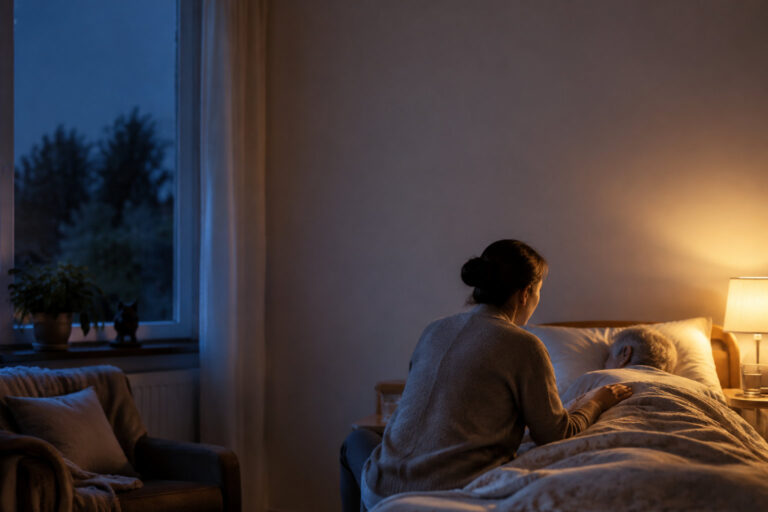 Une auxiliaire de vie veille sur une personne âgée alitée dans une chambre chaleureuse à la tombée de la nuit.