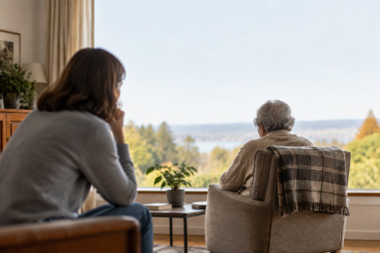 Une femme jeune et une personne âgée assises devant une grande baie vitrée, regardant le paysage avec mélancolie.