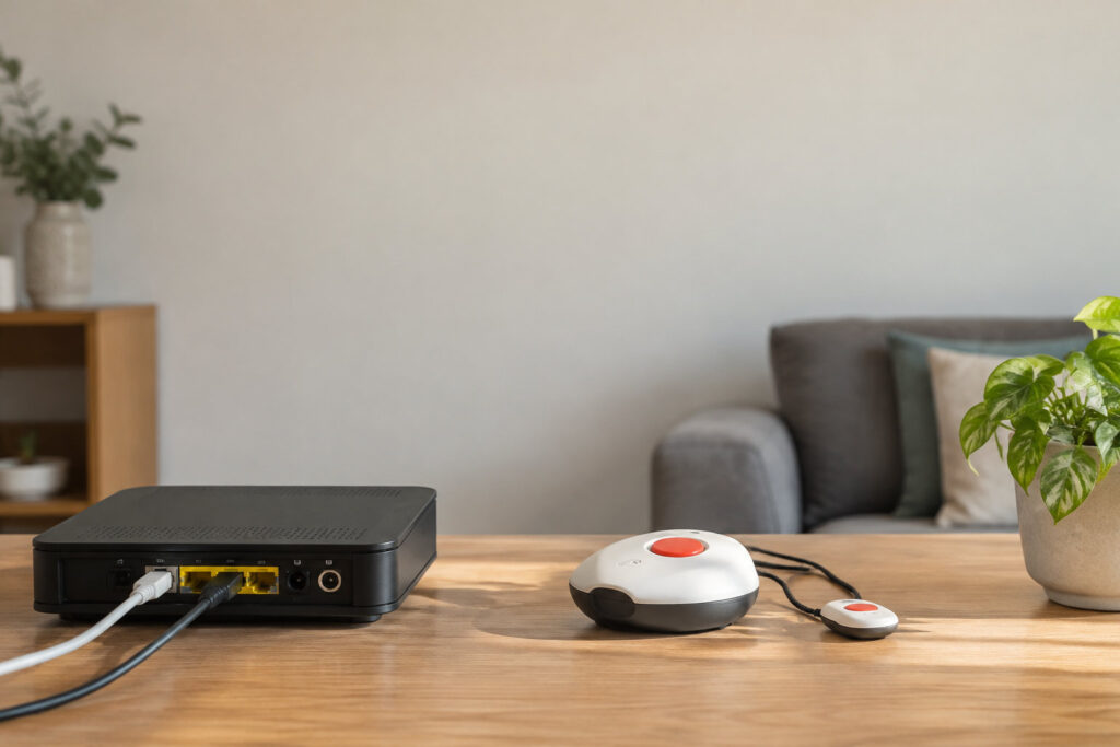 Boîtier de téléassistance et câbles connectés à une box internet posés sur une table en bois dans un salon.
