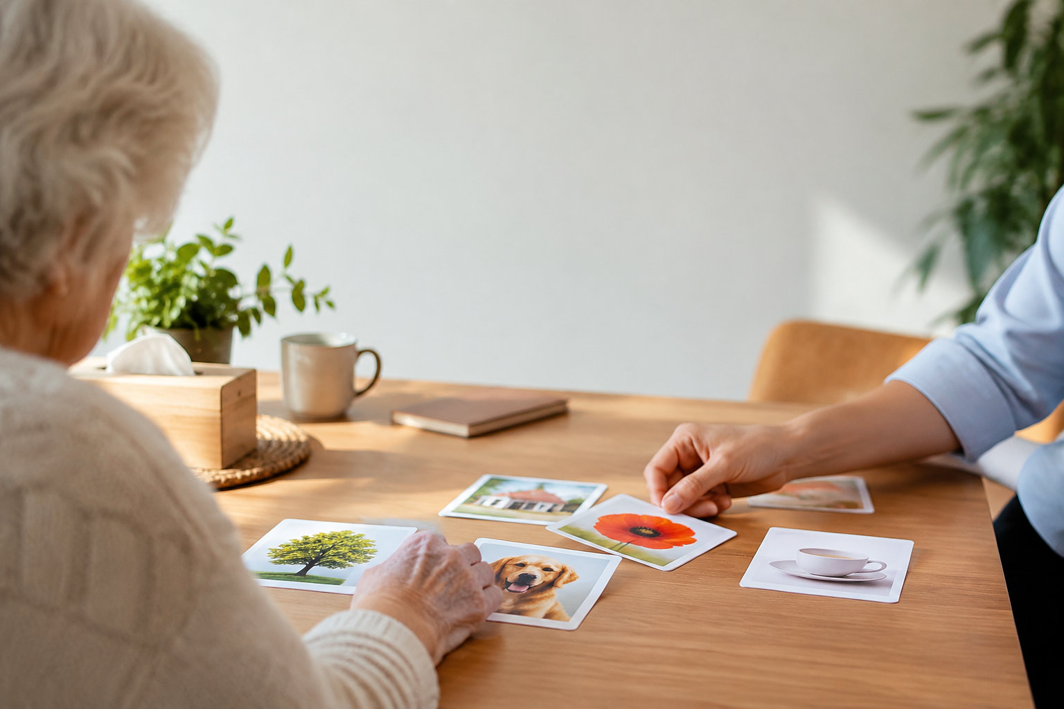 Une personne âgée et un professionnel utilisent des cartes illustrées pour un exercice d'orthophonie.