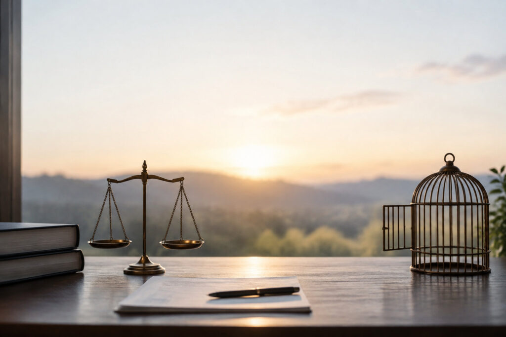 Balance de justice et cage ouverte sur un bureau avec un coucher de soleil en arrière-plan.